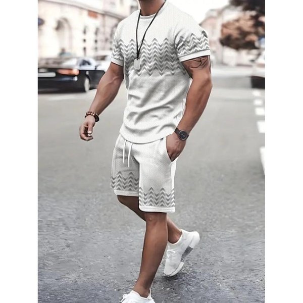 Sencillo Estampado MáRmol 3D Verano Casual Top De Cuello Redondo Para Hombre Y Pantalones Cortos Moda Urbana Street Traje Para Hombre Comodidad Casual Diaria M White-image