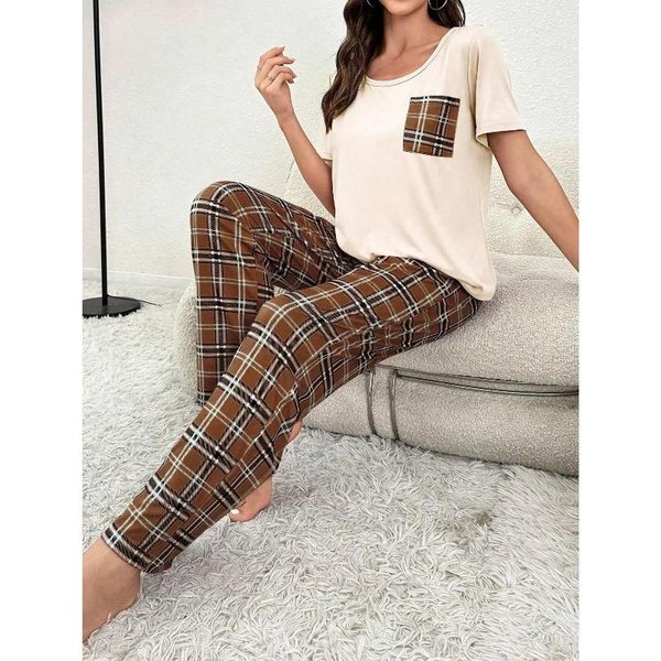 Jesienno-Zimowy Zestaw PiżAm Damskich Do Spania Homewear Kokarda KróTki RęKaw T-Shirt I DłUgie Spodnie PiżAmy Odzież Domowa M Brown-image