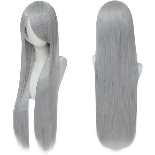 Kolorowa DłUga Prosta Syntetyczna Peruka Do Cosplayu BiałO-Fioletowo-Czarna 80Cm Dla MężCzyzn I Kobiet Darmowa Czepek Pod Perukę 80Cm Gray-image