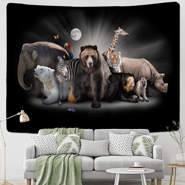 BrąZowy NiedźWiedź I ŻYrafa Gobelin WisząCy Na ŚCianie Bohemia Witchcraft Psychodeliczny WielozwierzęCy Estetyka WystróJ Pokoju TłO Tkanina 95X70Cm Black-image