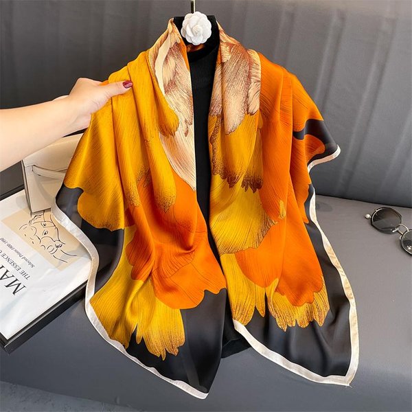 110X110Cm Damski Jedwabny Kwadratowy Szalik HidżAb Kobiecy WzóR Drukuj Damski Szal Owija Foulard Opaski Na GłOwę Bufanda DużA Bandana Luksusowa One Size Orange-image