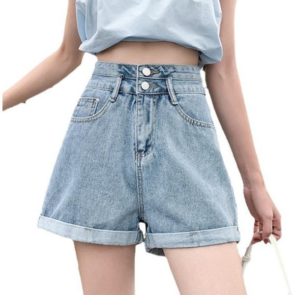 Pantalones Cortos Vaqueros Rizados Para Mujer En Verano Nuevo Coreano De Cintura Alta, VersáTiles Sencillos De Pierna Ancha XXL Azul-image