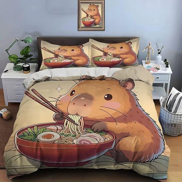 Juegos De Cama De Caricatura Capibara EdredóN Cubrecama EdredóN Funda De EdredóN Funda De Almohada Juegos De 2-3 Piezas DecoracióN De Dormitorio Para NiñOs Adultos Regalos EU Single 135X200Cm-image