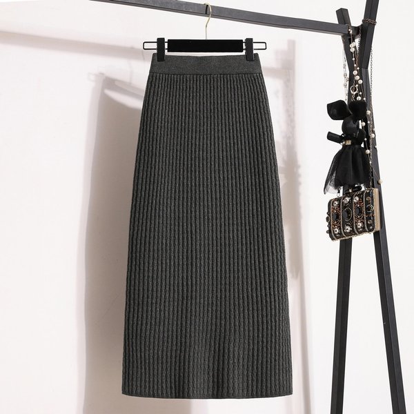 Falda De Punto De Talla Grande Para Invierno Para Mujer, Cintura Alta, Cadera Slim, Cubre Caderas, VersáTil, Largo Midi, Recta 4XL Gray-image