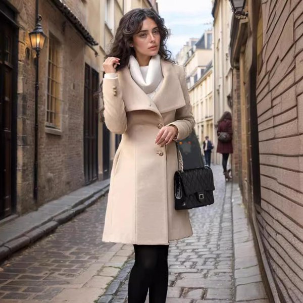 Abrigo De Lana Ajustado Para Mujer OtoñO E Invierno Abrigo De Lana Medio Y Largo De Botonadura Sencilla Para Mujer L Black-image