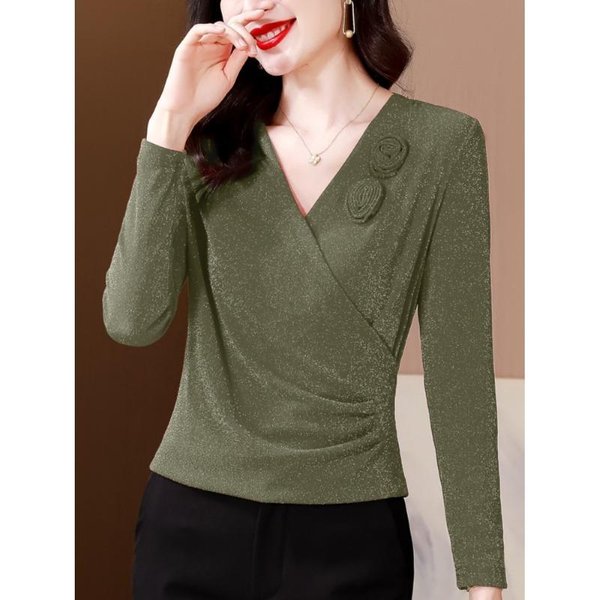 Nueva Chaqueta De Malla Ajustada Con Cuello En V Para Mujer Con Camisa Base VersáTil Rejuvenecedora Moda Camisa De Flores 3XL Gray-image