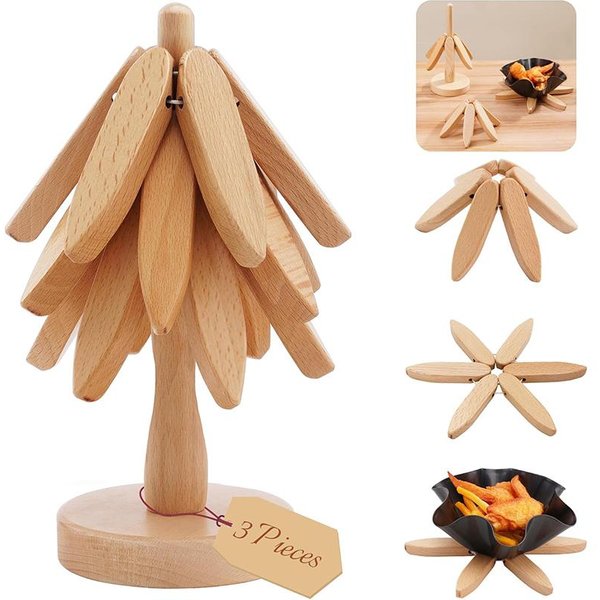 Lmetjma Salvamanteles De Madera Para Platos, Juego De Salvamanteles Con Forma De áRbol, Posavasos, Salvamanteles De Cocina Plegables Para Ollas, Cuencos Y Teteras JT395 M-image