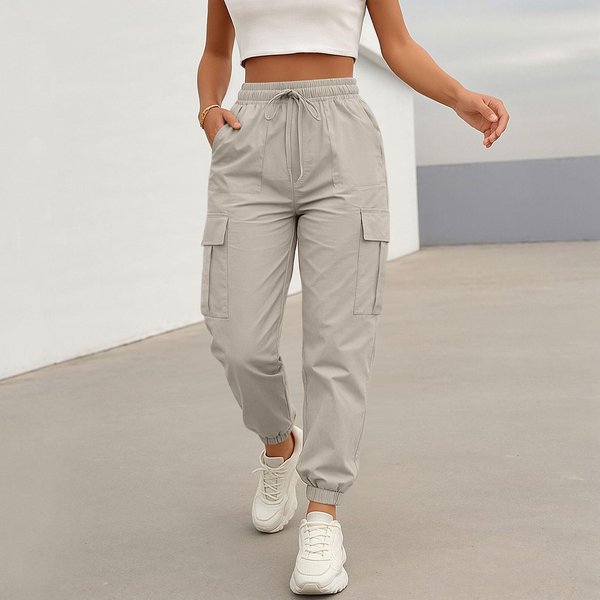 Damskie Spodnie Cargo Casualowe, Jednokolorowe Joggery Ze Sznurkiem W Pasie, Elastycznym Pasem, Wieloma Kieszeniami XXL Khaki-image