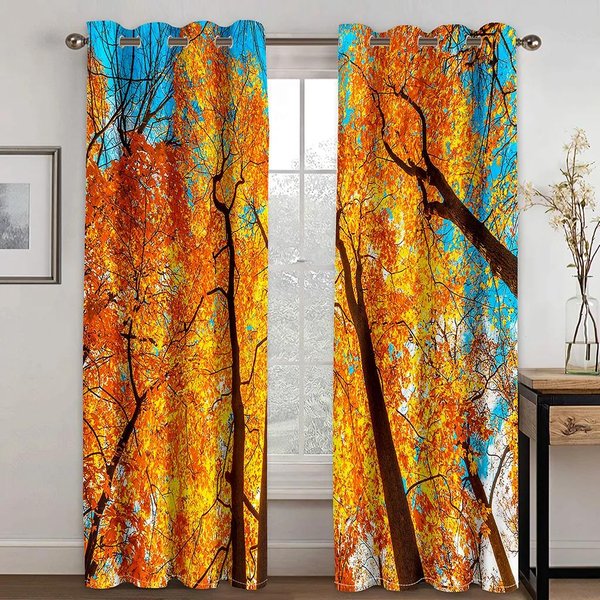 2 Piezas Cortinas Perforadas Estampadas, Dormitorio, BalcóN, Sala De Estar, Cortinas De Ventana Con Estampado De ÁRboles De Paisaje OtoñAl Bosque Verde Fresco W60H60(Cm)X2Pcs&Grommet Top-image