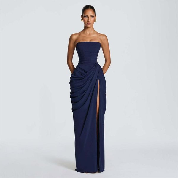 Vestido Sexy Liso Plisado Sin Tirantes Para Mujer Elegante Sin Hombros Espalda Descubierta Cintura Alta Con Abertura Nuevo Vestido De Fiesta Nocturna M-image