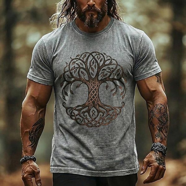 Camiseta Vikingo Lobo Runa NóRdica Hombre Mezcla De AlgodóN Lavado Camiseta GráFica Nudo Celta MitologíA Streetwear Top Ropa Apparel S M L XL XXL Xxxl 6XL Gray-image