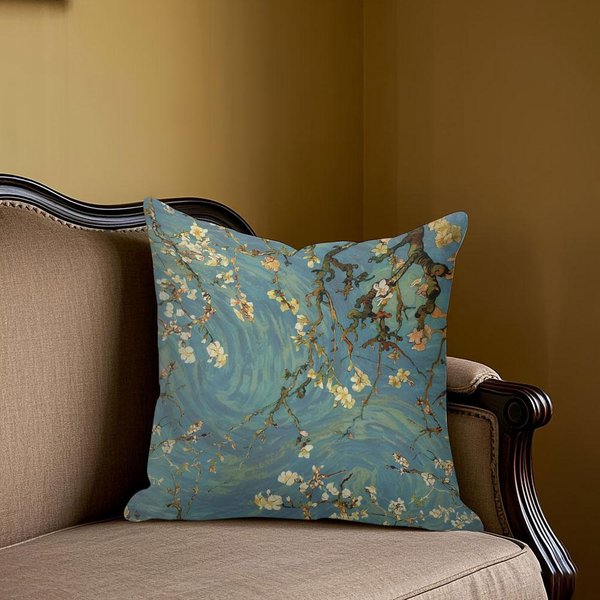 Funda De CojíN Cuadrada Jacquard Flor De Almendro De Van Gogh Para Sofá Oficina CojíN Lumbar Funda De Almohada Decorativa Para El Hogar 50X50Cm-image