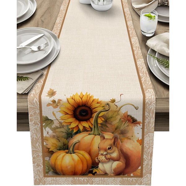 Jesienna Dynia WiewióRka SłOnecznik Len Obrus StołOwy Dekoracja Imprezy ŚWiąTecznej Zmywalny Kuchenny Obrus Na Stół Jadalny Jesienne Dekoracje 150X33Cm White-image