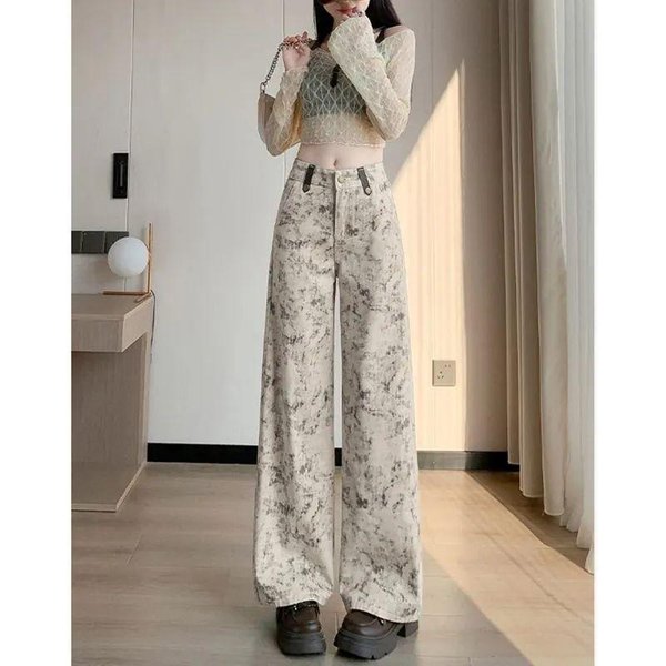 Jeans Casuales De Pierna Ancha Estampados Tie-Dye Para Mujer Sueltos De Cintura Alta CaíDos Simples Para El Suelo L Gray-image