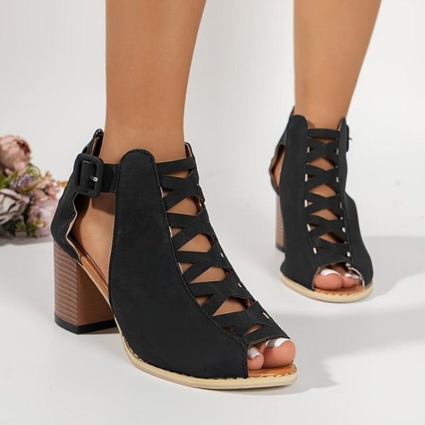 Letnie Buty Damskie SandałY Na Grubym Obcasie Zapinane Na Guziki W DużYch Rozmiarach 39 Czarny-image