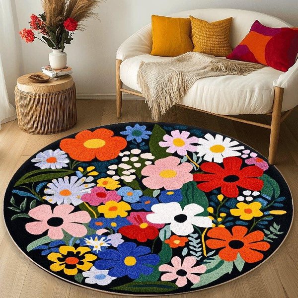 Dywaniki W Stylu Francuskim Do Salonu Gruba Pluszowa Mata PodłOgowa Do Salonu WzóR Kwiatowy Dekoracja Sypialni OkrąGłY Dywan Domowy Puszysty MięKki Dywanik 80X80Cm-image
