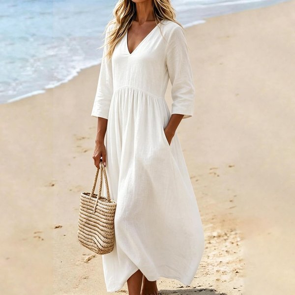 Vestido Midi Casual Para Mujer Con Escote En V, Corte Holgado, Manga Tres Cuartos, Bolsillos, Tejido Ligero De Lino Y AlgodóN, DiseñO CóModo XL Blanco-image