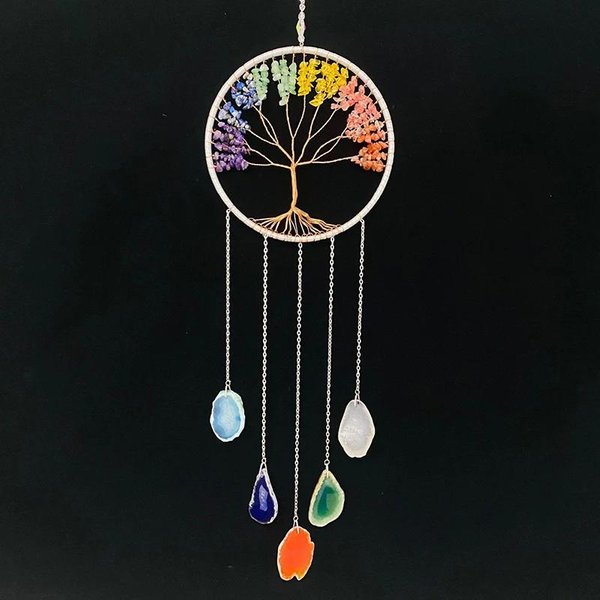 AtrapasueñOs Con Piedras Preciosas De Los 7 Chakras, áRbol De La Vida, áGata De Colores, Para Colgar En La Pared, Para HabitacióN, Ventana, JardíN, Campanillas De Viento, AtrapasueñOs, DecoracióN Del Hogar-image