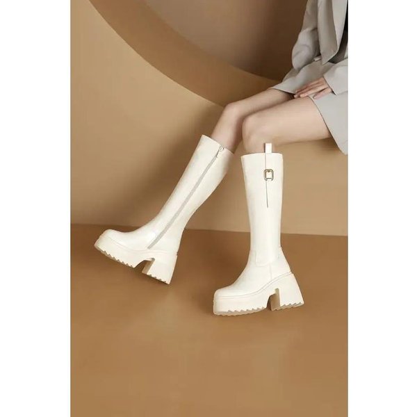 Botas De Montar Finas Para Mujer TacóN Alto Caballero Cuero Genuino TacóN Grueso Botas Largas Para Mujer 10Cm Nuevas Botas Hasta La Rodilla Suelas Gruesas 36-image