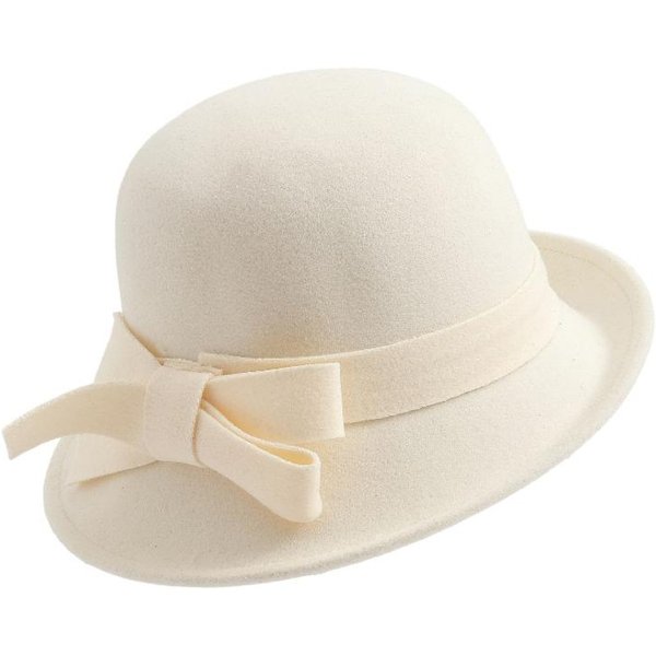 Styl Vintage WełNiany Filcowy Kapelusz Bucket Classic Design Elegancki KształT Vintage Cloche Fedora Czapka Z Ozdobą Kokardką Damska Kapelusz Bowler BiałY-image