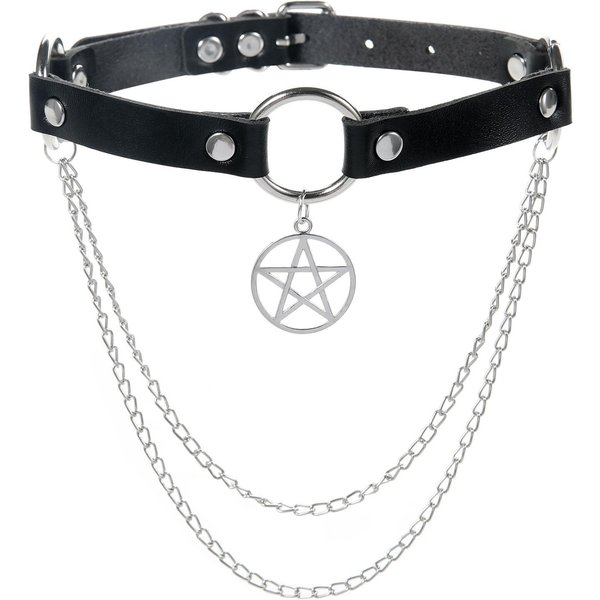 Gotycki Choker Z Pentagramem I ŁAńCuszkiem Dla Kobiet Czarny SkóRzany Choker Grunge Punk Alternatywna BiżUteria Black-image