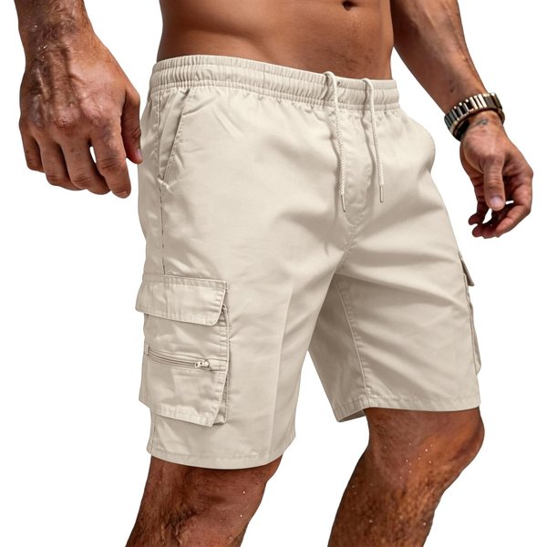 Pantalones Cortos Cargo Ligeros Para Hombre De Ajuste Relajado Casual Con MúLtiples Bolsillos Para Deportes Al Aire Libre Con Cintura EláStica Y CordóN M Beige-image