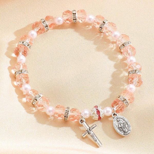 Pulsera De Perlas De Cristal Cristianas Colgante De La Cruz De JesúS Virgen MaríA JoyeríA Religiosa Para Mujeres Boho Pulsera De OracióN Regalo Beige-image