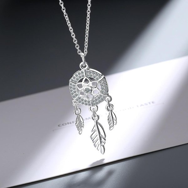 Colgante De Plata De Ley 925 Con Forma De Pluma De AtrapasueñOs, Colgante De AtrapasueñOs De Plata, Gargantilla Llamativa, Gtlx487-image
