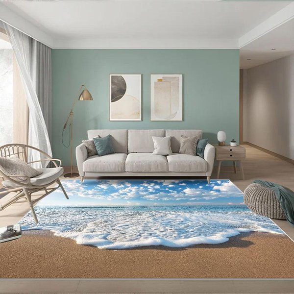 Alfombra Grande De Olas Marinas 3D Para Sala De Estar HabitacióN Infantil Alfombra De Playa Arenosa Dormitorio Hogar HabitacióN Infantil Creativa Felpudo Antideslizante Tapete 80*160Cm-image