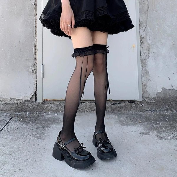 Calcetines Largos Con Volantes En Blanco Y Negro Para Mujer Y NiñA, Medias Ultrafinas Dulces, Leggings De Encaje JK Lolita Por Encima De La Rodilla, Medias Con Lazo-image