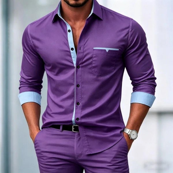 Camisa De Manga Larga Para Hombre De Corte Ajustado, VersáTil Para Ocasiones Casuales Y Formales. XXL Purple-image
