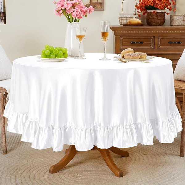 Mantel Redondo Satinado Con Volantes Tejido Sedoso Lavable Decoraciones De Mesa Para Bodas Fiesta De CumpleañOs Cubierta De Mesa Para Cocina Comedor Diameter 120Cm-image
