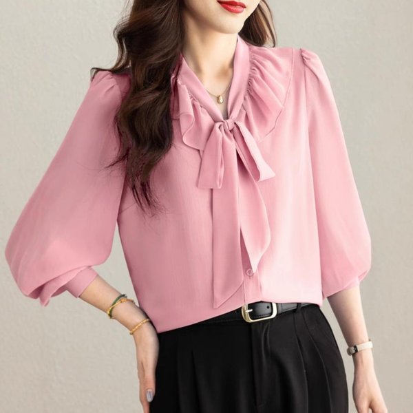 Francuska Koszula Szyfonowa Damska Wiosenna Modna Swobodna WyszczuplająCa Brzuch Wysokiej Klasy Design Niszowy Top 2XL Pink-image