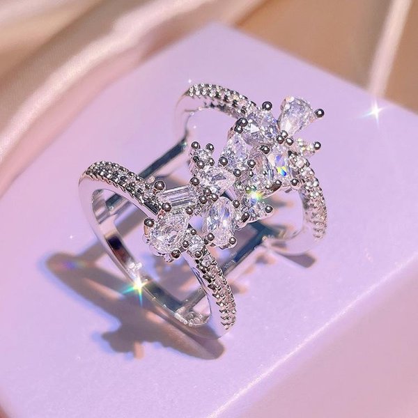 Anillo Femenino De Capas MúLtiples Con Incrustaciones De Diamantes Inteligentes Dedo ÍNdice No. 10 Gray-image