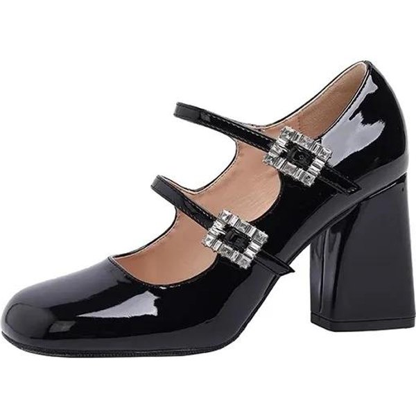 Zapatos Femeninos Mary Janes Tacones Altos De Mujer Moda Fiesta Zapatos De SalóN Mujer Punta Redonda TacóN Grueso Bajo Correa Con Hebilla Zapatos Mujer 39 Negro-image