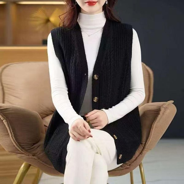 Damski Dzianinowy Sweter Bez RęKawóW Z Dekoltem W Serek Warkocz Jednolity Kolor Kamizelka Kardigan CiepłA MięKka Kamizelka Jesień Zima XXL Czarny-image