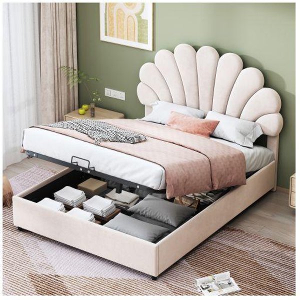 Cama Tapizada - Muvoe - 140X200 Cm - Cabecero Ajustable - Almacenamiento Integrado - Terciopelo Beige-image