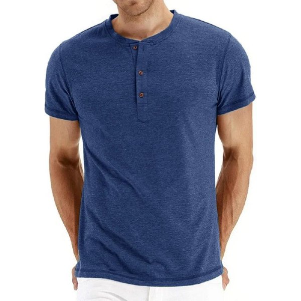 Nueva Camiseta Para Hombre, DiseñO De Moda Con Cuello Henry, Camisetas Lisas Ajustadas, Camisetas Para Hombre, Camisetas De Manga Corta Para Hombre M Azul Claro-image