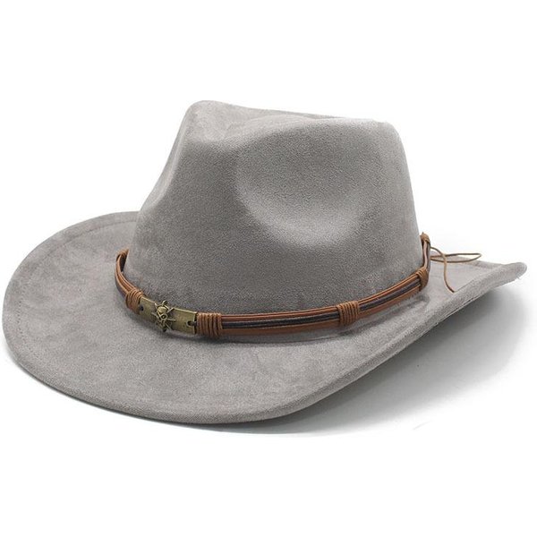 Zachodni Zamszowy Kapelusz Kowbojski Damski MęSki Outdoor PodróżE Impreza Klamra Do Paska Szerokie Rondo Kapelusz Panama Unisex Kapelusz Fedora 56-59Cm Szary-image