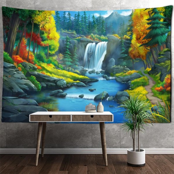 Tapiz De Pared Con IlustracióN De Cascada, Estilo Bohemio, PsicodéLico, Naturaleza, Paisaje, Arte Hippie, DecoracióN Del Hogar, Fondo De Tela 95X70Cm Blue-image