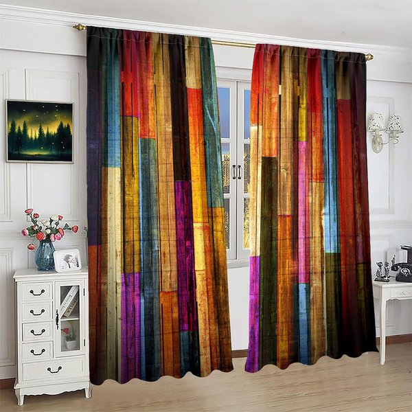 2 Sztuki Vintage Kolorowe Paski W Kratę Drukowane ZasłOny Okienne - Materiał Poliestrowy - Odpowiednie Do Sypialni Salonu Gabinetu An 30Inchx65Inchx2Pcs-image