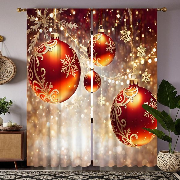 2 Piezas HD Copo De Nieve NavideñO Rojo Bola Colgante SóLido Cortina Decorativa Lazo Amarillo Cortina Estampada Digitalmente Estilo D DecoracióN Para El Hogar W52H63Inchw132H160Cm Brown-image