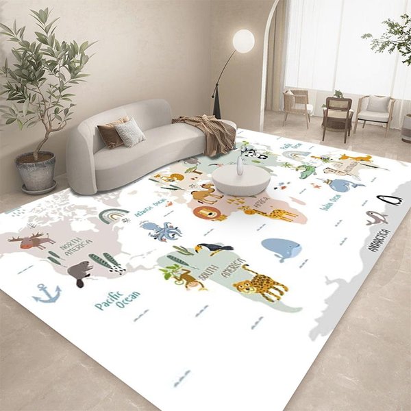 Dywan Mapa ŚWiata ZwierząT Do Sypialni Pokoju Dziennego Domu Sofa PokóJ DziecięCy Dzieci DużA Mata PodłOgowa Prezenty Dekoracja Domu 80*120Cm Beige-image