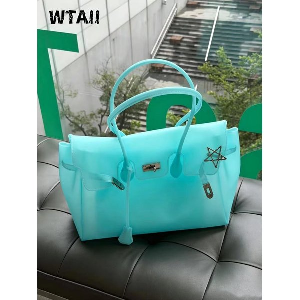 Bolso De Mano De Gelatina Coreano TPU Transparente Hombro ÚNico Para Mujer Color Caramelo Bolso Tote De Gran Capacidad Bolso De Axila Regalo Para Vacaciones Blue-image