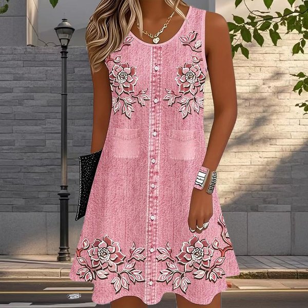 Vestido De Mujer Cowboy Estampado Sin Mangas Cuello Redondo Suelto Suave Y CóModo Talla Grande XL-image