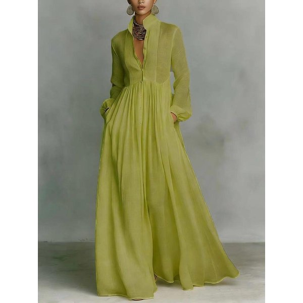 Vestido FrancéS Imperio Fruncido De Manga Larga - Elegante, Retro, Casual, Estilo Vacacional XXL Verde-image