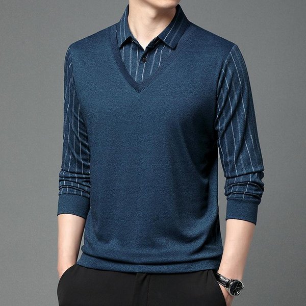 OtoñO Nuevo Camiseta De Manga Larga De Dos Piezas Falsas Para Hombre Edad Media Y Ancianos Casual Ropa De Papá Empalme A Rayas Camiseta BáSica XL Blue-image