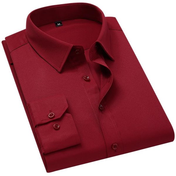 Tallas Grandes 5XL 6XL 7XL 8XL Hombres Color SóLido Camisa De Vestir Moda Casual Ajustada Blanca Manga Larga Ropa De Marca Para Hombre L Rojo Vino-image