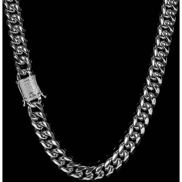 Collar Hip Hop Europeo Y Americano Para Hombre 12Mm Hebilla De Diamantes Acero Inoxidable Cadena Cubana Encriptada BañO De Oro Real Acero Titanio 40Cm Gray-image