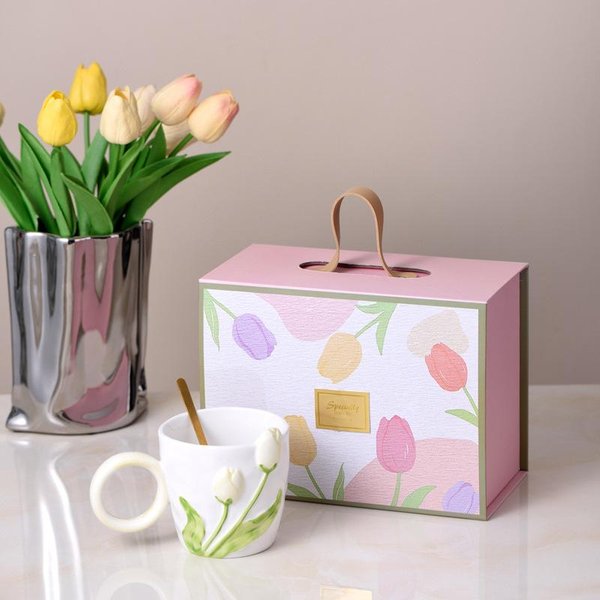 Caja De Regalo Taza TulipáN Taza De CeráMica Con Flor En Relieve Creativa De Alto Valor Para Oficina Café Leche 401-500Ml-image